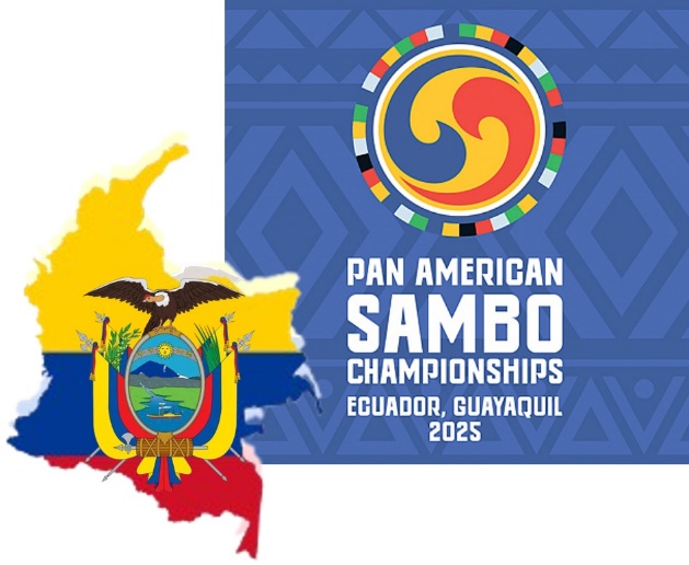 Logo do Pan American Sambo Championships Equador, Guayaquil 2025, ao lado do mapa do Equador com a bandeira do país