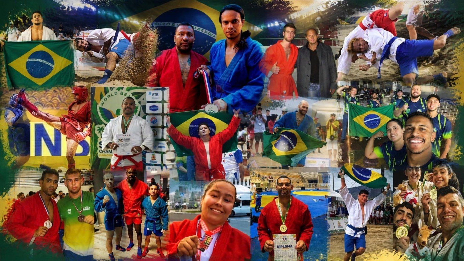 Montagem com fotos de atletas brasileiros de Sambo ao longo dos anos, com a bandeira do Brasil, pódios e lutas